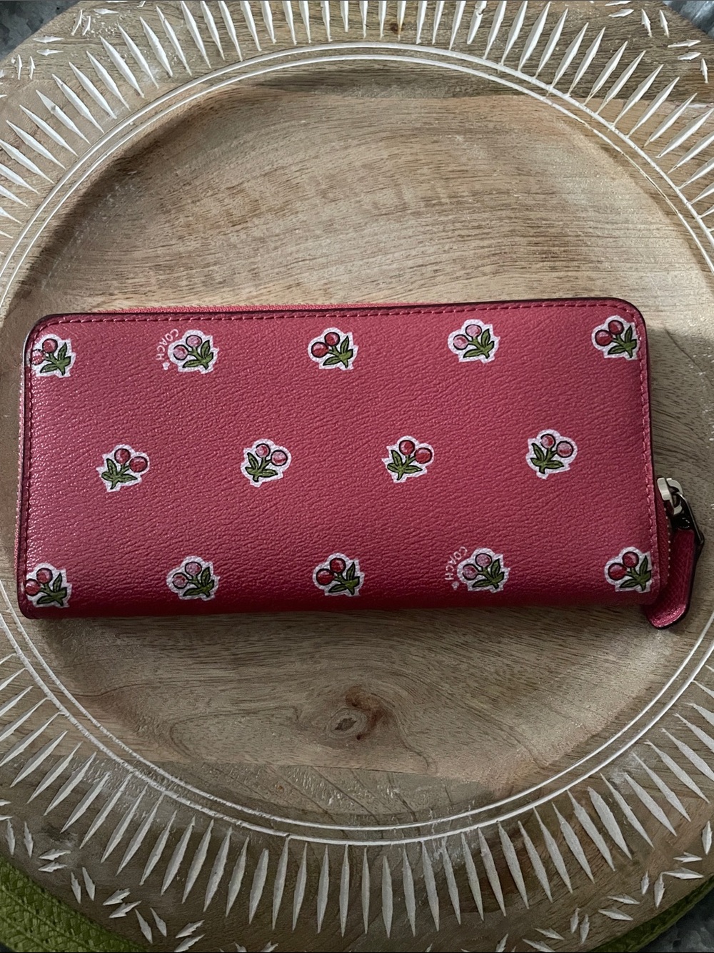 Coach Red Cherry Print Zip-Around Wallet - Picture 3 of 9